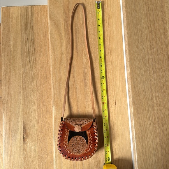 Leather handmade tooled small purse snap closure Mexico camel brown - Picture 8 of 9